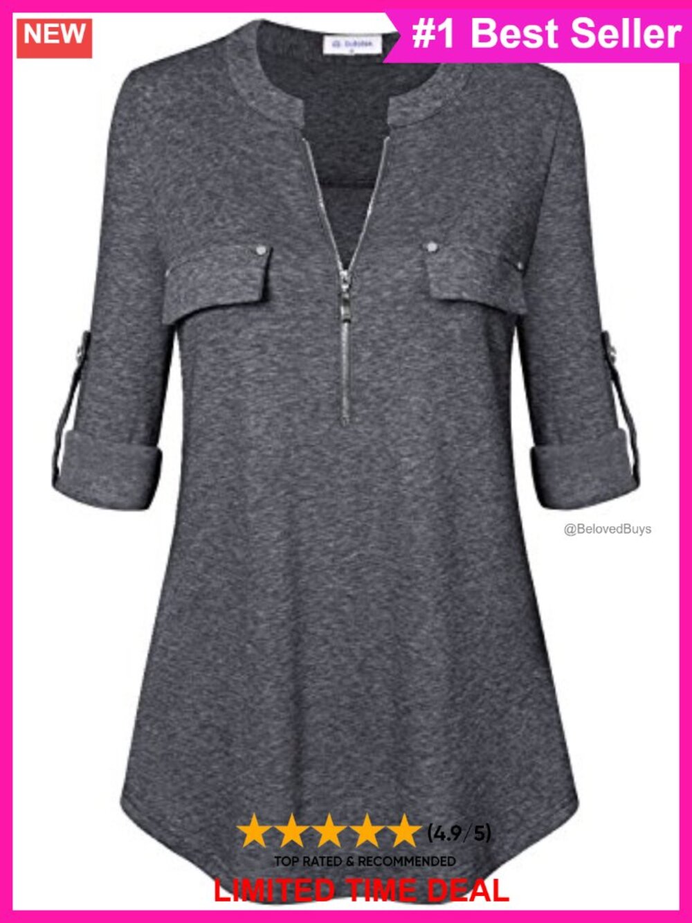 Womens 3/4 Sleeve V Neck Zip Front Tunic Top Business Casual Office Blouse